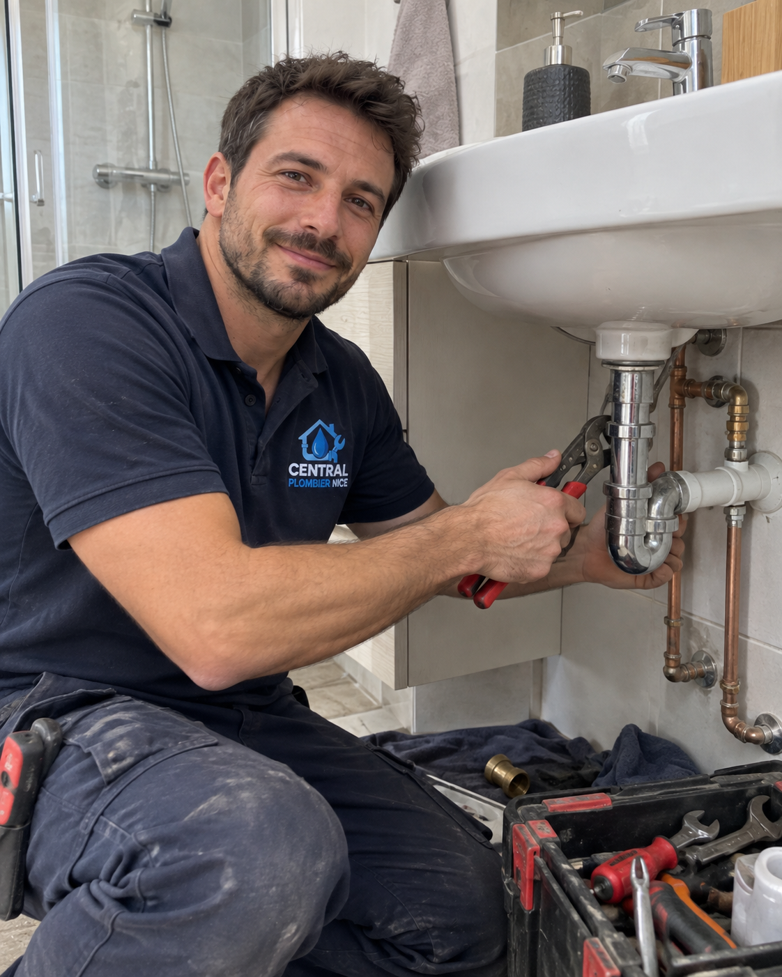 Plombier intervenant sur le siphon d'un lavabo de salle de bain