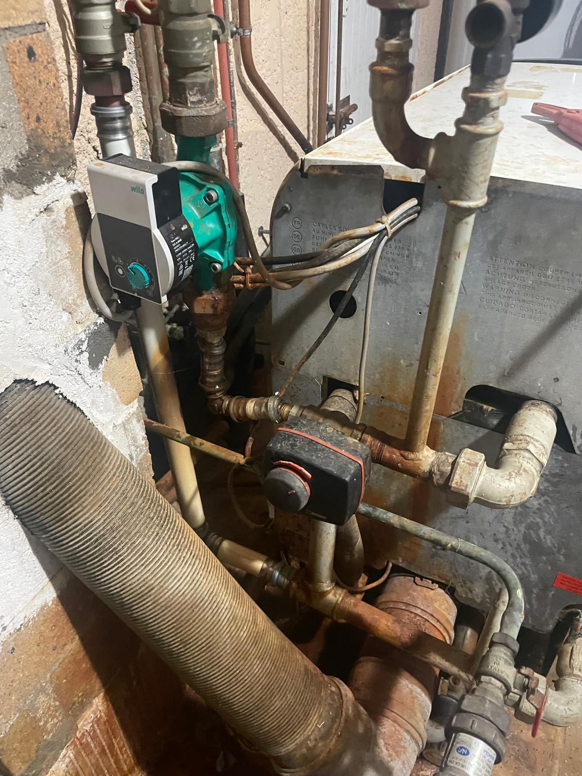 Chaufferie : circulateur Wilo et réseau de tuyauterie raccordés